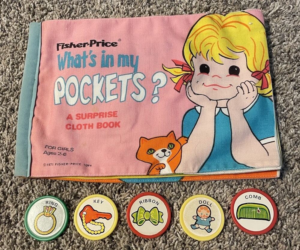 Vtg Fisher Price Toy What's in my Pockets 1971 Girls Cloth Book With 5 Coins
